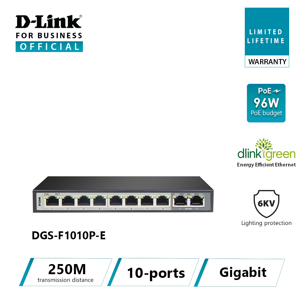 D-Link DGS-F1010P-E 250M 10-Port 10/100/1000 Switch with 8 PoE Ports and 2 Uplink Ports