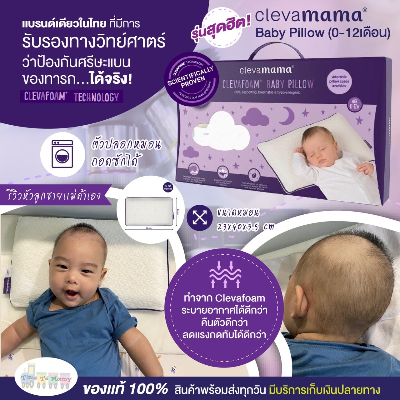 ซื้อที่ไหน Clevamama หมอนหัวทุย หมอนกันหัวแบน หมอนเด็กทารก รุ่นBaby Pillow(0-12เดือน) ขนาด23x40x3.5cm. หมอนนิ่มมากลูกหลับยาวสบาย [ของแท้100%]