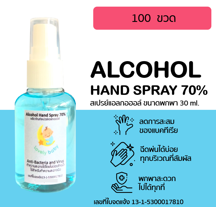 Spray Alcohol 70% สเปรย์แอลกอฮอล์ 30 ml. ยกลัง 100 ขวด มีเลขที่ใบจดแจ้ง ใช้ฉีดพ่นได้ทุกผิวสัมผัส ลดการสะสมของเชื้อแบคทีเรีย พร้อมส่ง