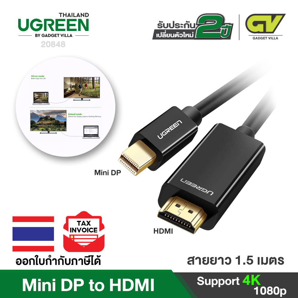 UGREEN Mini DP to HDMI Cable สายสัญญาณภาพ Mini Display Thunderbolt 2 ไปเป็น HDMI รองรับ 4K, 1080P ใช้งานได้กับ Apple Macbook, Macbook Pro, iMac, Macbook Air, and Mac/ Mini surface / notebook 1.5M สี ดำ สี ดำ