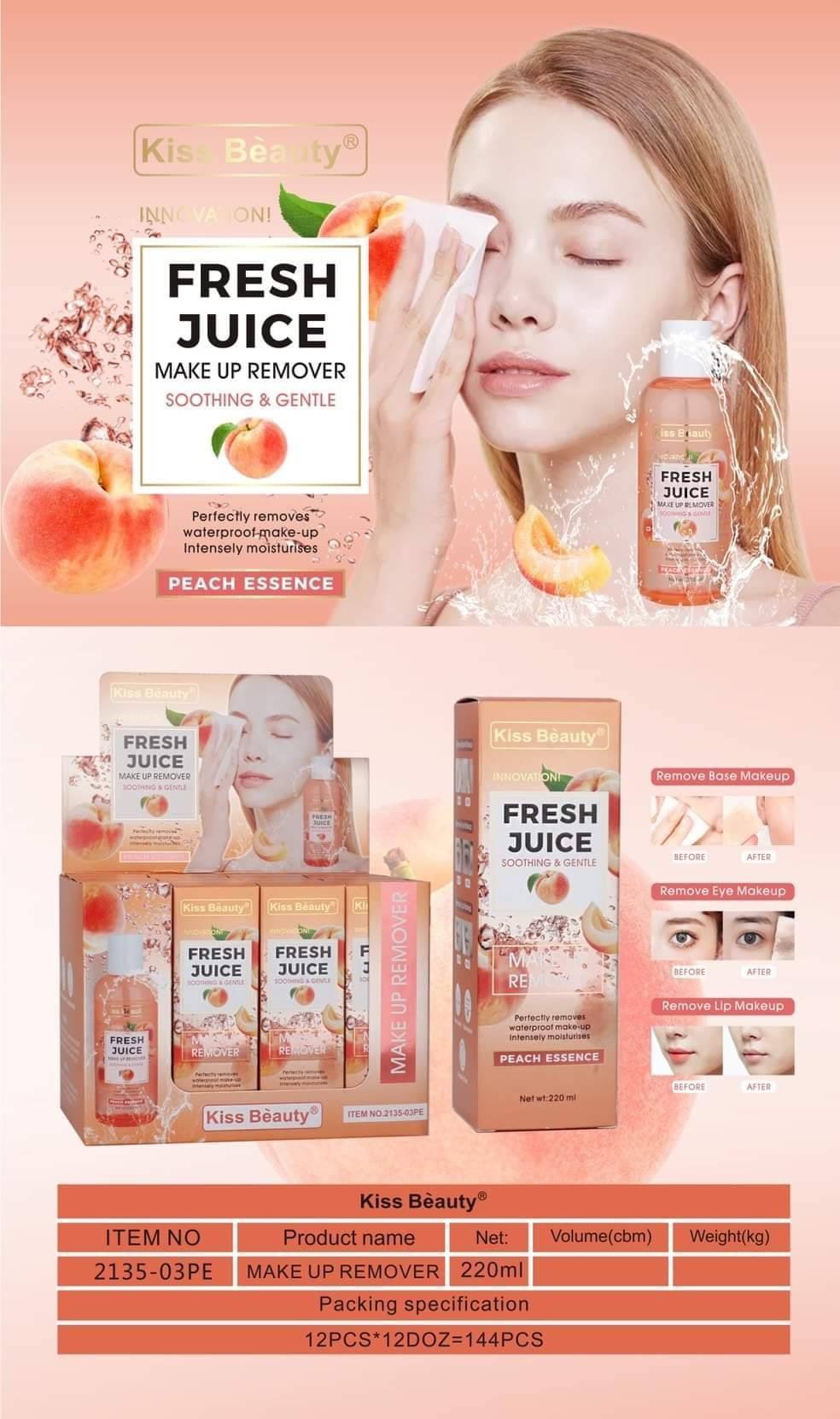 No.2135 Kiss Beauty Innovation Fresh Juice Soothing & Gentle Make Up คลีนซิ่ง ที่เช็ดเครื่องสำอาง กลิ่นพีช 220ml.