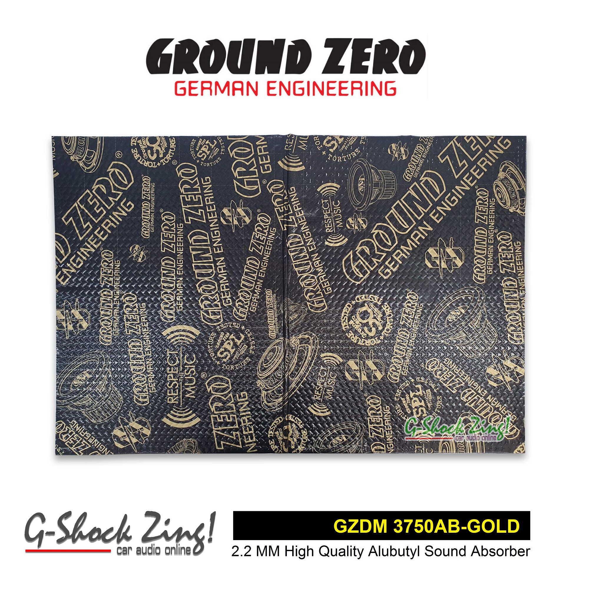 GROUND ZERO Sound Damping Premium แผ่นแดมป์ แบบฟอยล์(ยางดำ) คุณภาพสูงเกรดพรีเมี่ยม ติดช่วยลดการสั่น เก็บเสียง (ขนาด 75cm.x50cm).ซม หนา2.2มิล GROUND ZERO รุ่น GZDM 3750AB-GOLD=1แผ่น.