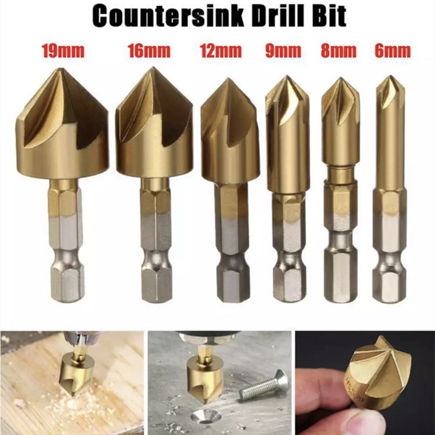 Mr Tools【ของแท้ 100% + COD 】 6 ชิ้น 5 ขลุ่ยไฮสปีด Countersink ขูดสว่าน 1/4 HEX S hank ไทเทเนียมเคลือบแกนไม้ดอกสว่านบิตอุปกรณ์เครื่องมือไฟฟ้า T-016 (สีทอง)