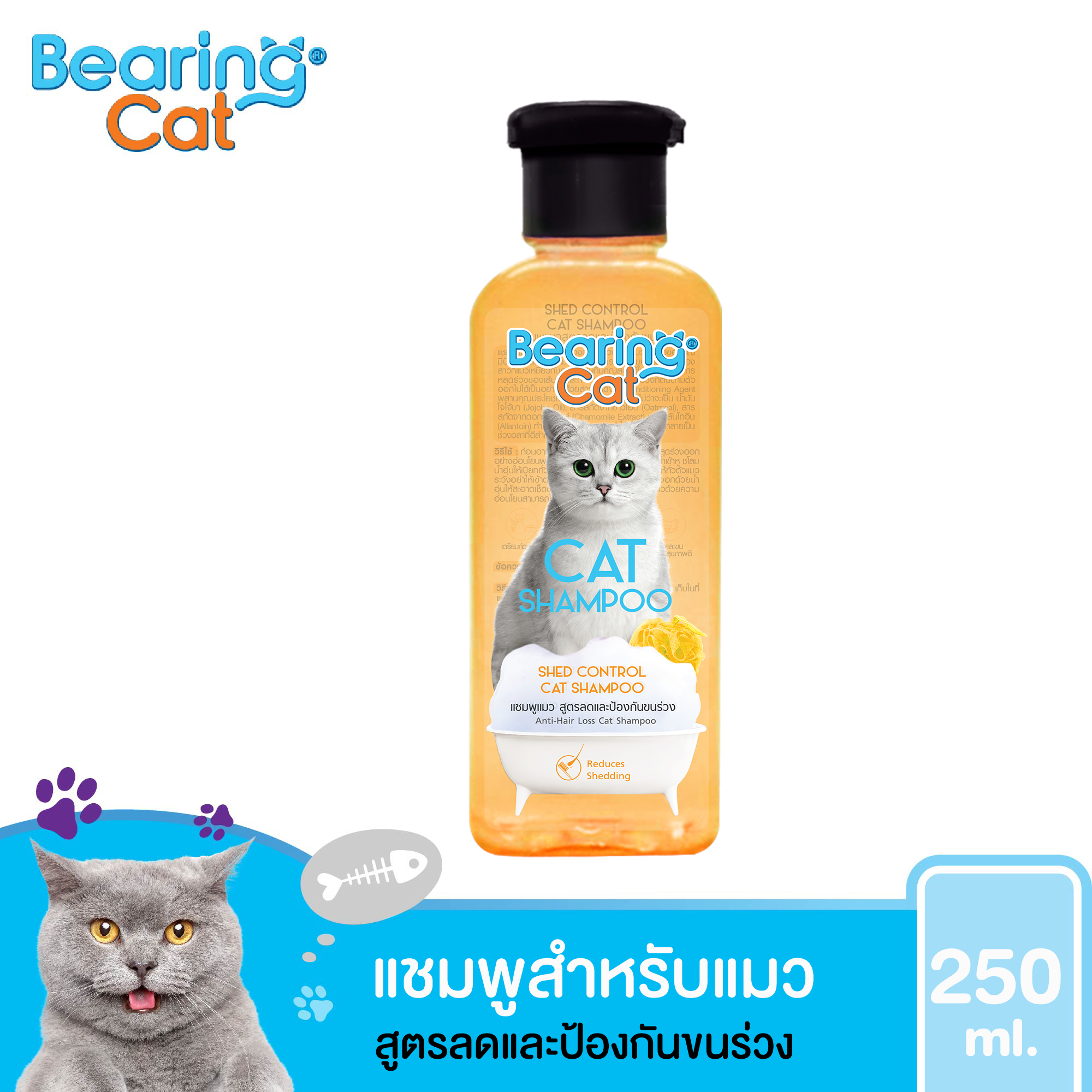 แชมพูแมว แชมพูอาบน้ำแมว แมว สำหรับแมว สูตรอ่อนโยน สำหรับแมวทุกสายพันธุ์ BEARING Cat Cat Shampoo สูตรลดและป้องกันการหลุดร่วงของขน 250 ml. (สีส้ม)