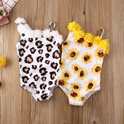 [Mmyard]0-5Y Summer Toddler Bathing Suit Baby Girls One Piece Bikini Sunflower/Leopard Print Ruffle Lace One Shoulder Swimwear Beachwear
