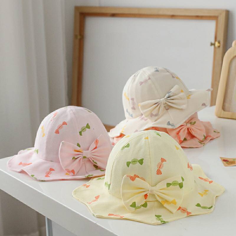 ☆พร้อมส่ง☆หมวกเด็ก 6เดือน-3ปี หมวกปีกรอบเด็ก หมวกบักเก็ต หมวกเด็กอ่อน หมวกเด็กโต หมวกเด็กผู้หญิง ผ้าลายลูกกวาด🍬ติดโบว์ รอบหัว:50-52cm.