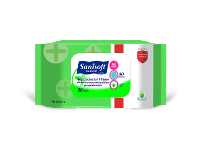 Sanisoft Antibacterial Wipes / แซนนิซอฟท์ ผ้าเช็ดทำความสะอาดผิวอเนกประสงค์ สูตรแอนตี้แบคทีเรีย 30ชิ้น