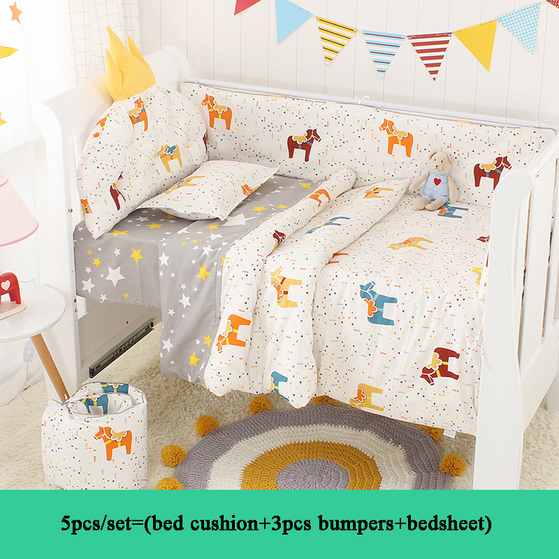 60*120cm 5pcs/set Crown Cushion Crib Bedding Set Cotton Toddler Baby Bed  Cot Bumper Bedding Sheet For Girl Boys ZT37