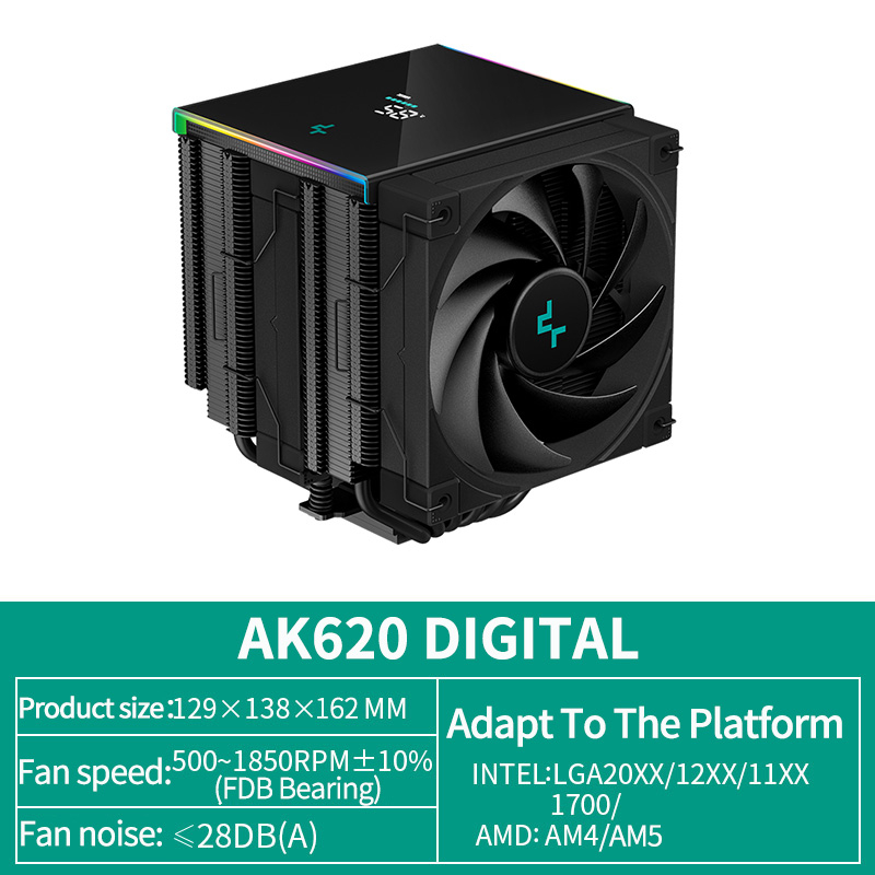 Deepcool AK620 พัดลมระบายความร้อน CPU ดิจิทัล AK620 ZERO DARK ท่อความร้อน 6  ท่อ 120 มม. FDB ประสิทธิภาพสูง สําหรับ Intel LGA1155 LGA1200 LGA1700 AMD  AM4 AM5