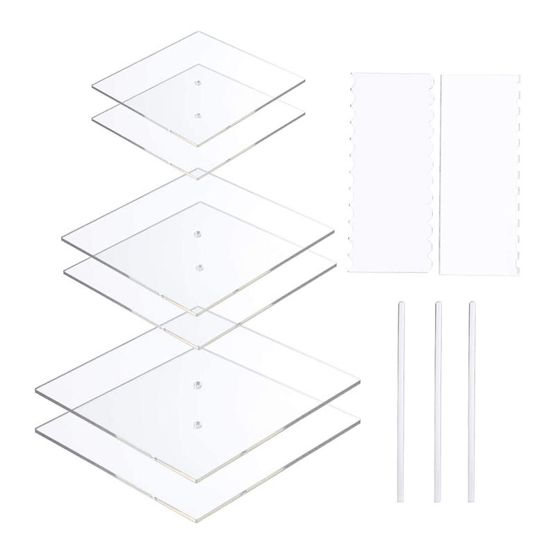 Acrylic Square Cake Disk Set - Cake Discs Base Boards with Center Hole - Supplies for 3 Tier Cakes