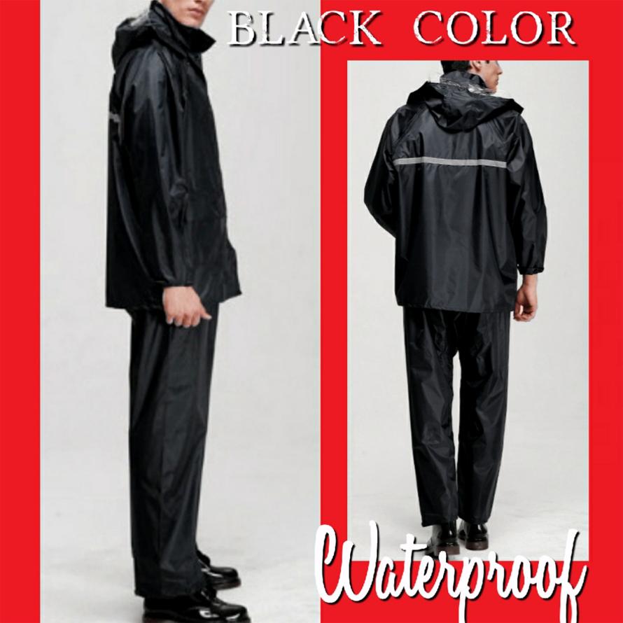 ชุดกันฝนกันน้ำRaincoat99 เสื้อกันฝน มีแถบสะท้อนแสง (เสื้อแบบมีฮูท+กางเกง) xxxl-สีดำ