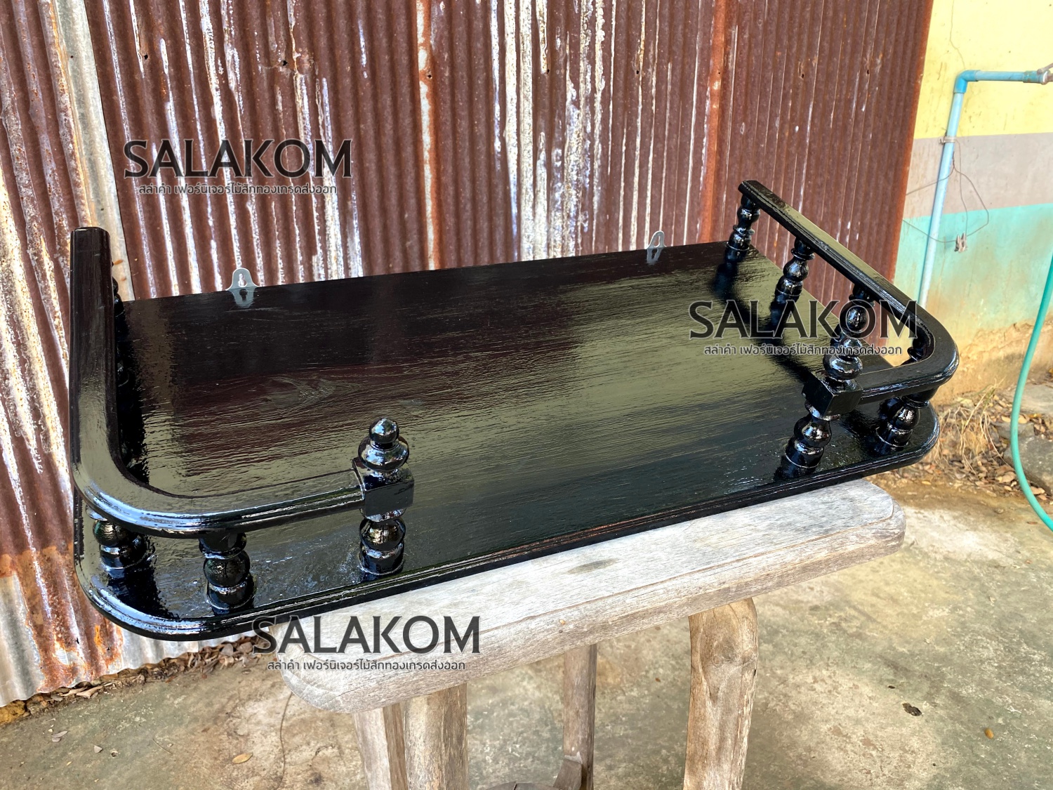Salakom หิ้งวางพระ ติดผนัง ไม้สักแท้ ขนาด 60*36 เซนต์. สีดำ หิ้งพระไม้สักแขวนผนัง Buddha's shelf