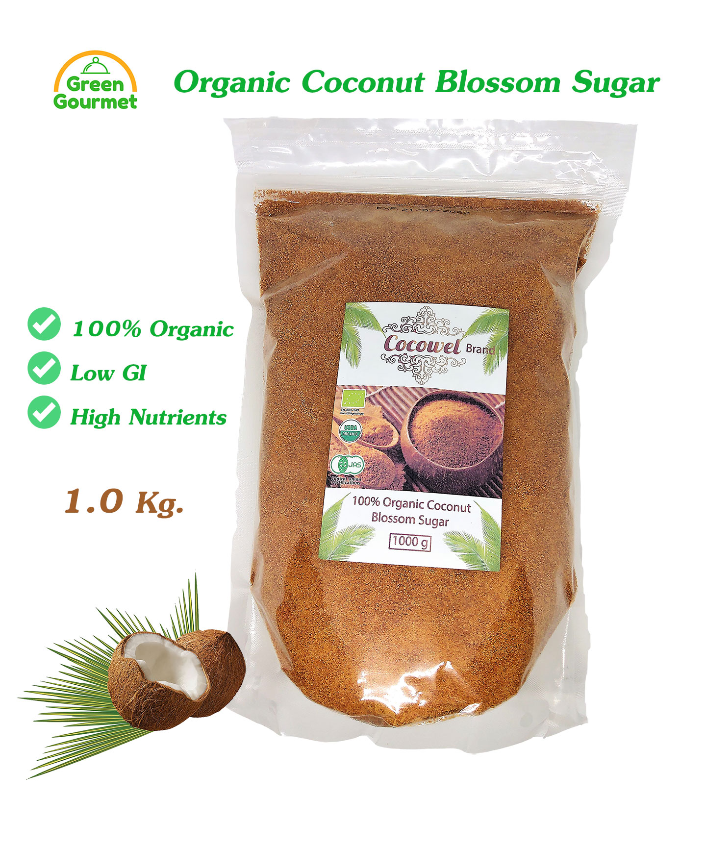 Cocowel น้ำตาลดอกมะพร้าว ออร์แกนิค ชนิดผง 1 กิโลกรัม (Organic Coconut Blossom Sugar 1 Kg.) หอม หวาน ธรรมชาติ ค่าดัชนีน้ำ้ตาลต่ำ เบาหวานทานได้ ประโยชน์สูง