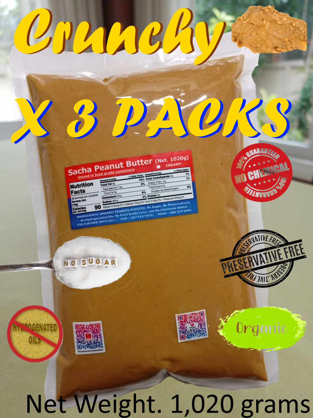 Sacha Peanut Butter (Crunchy x 3 Packs) All Natural Organic (1,020 grams x 3 แพ็ค) - Free Delivery, ซาช่า-เนยถั่ว (ส่งฟรี)