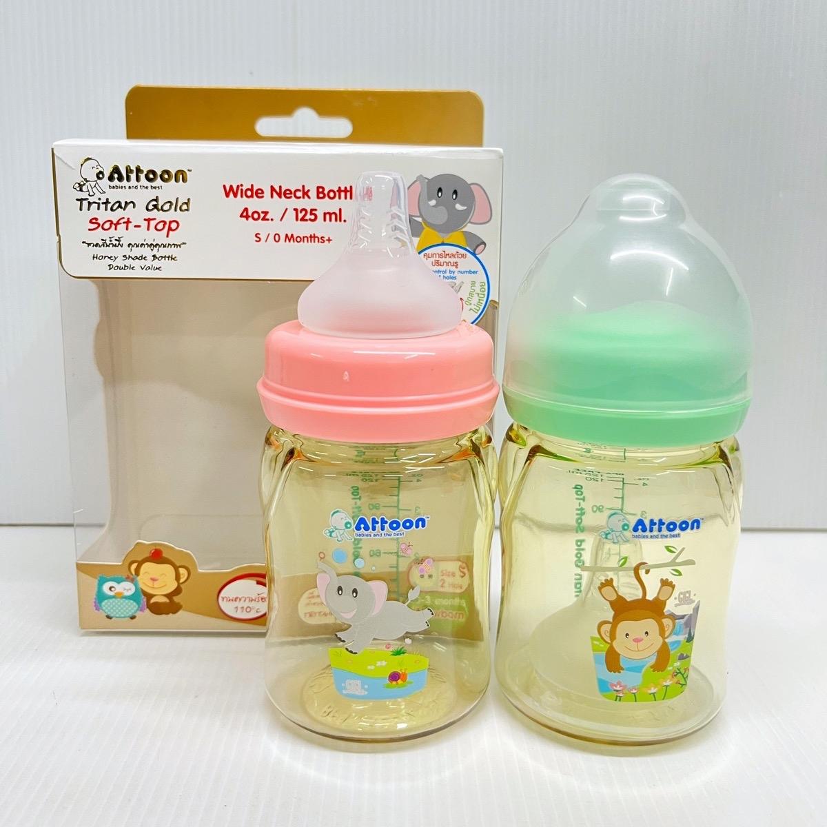 ขวดนม Attoon Tritan Gold Soft-top คอกว้าง สีชา มาพร้อมจุกนมที่ควบคุมการ ...