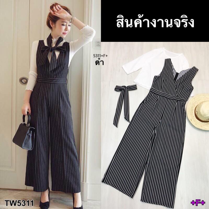 TW5311 Set เสื้อแขนยาว+เอี๊ยมจั้มสูทริ้ว+สายผูก