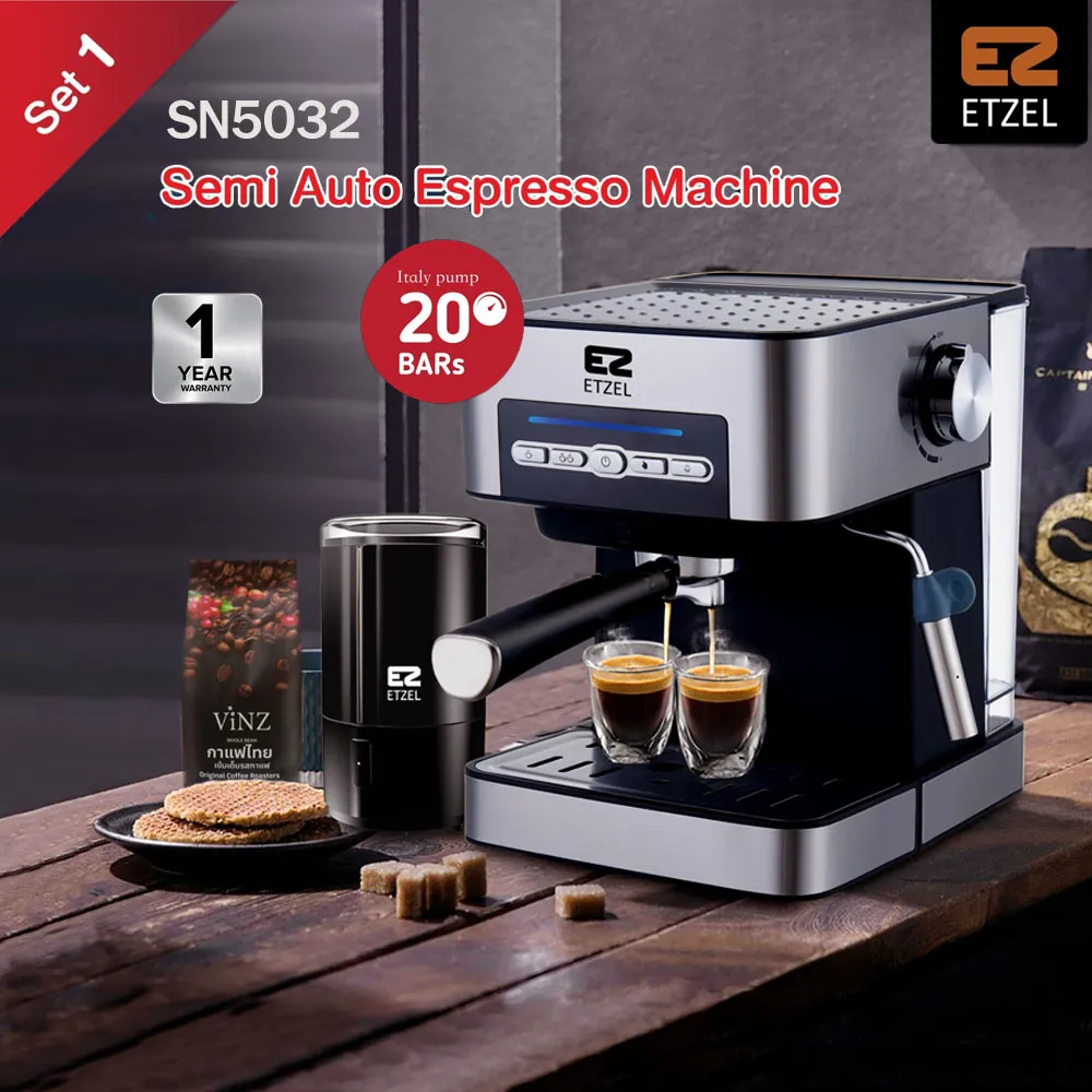 ส่งฟรี!! ชุด เครื่องชงกาแฟ ETZEL รุ่น SN5032 พร้อมเครื่องบดเมล็ดกาแฟ SN7810 อุปกรณ์ครบ แถมฟรี! กาแฟดอยช้าง 250 กรัม | Espresso machine model SN5032 + Coffee Grinder 7810