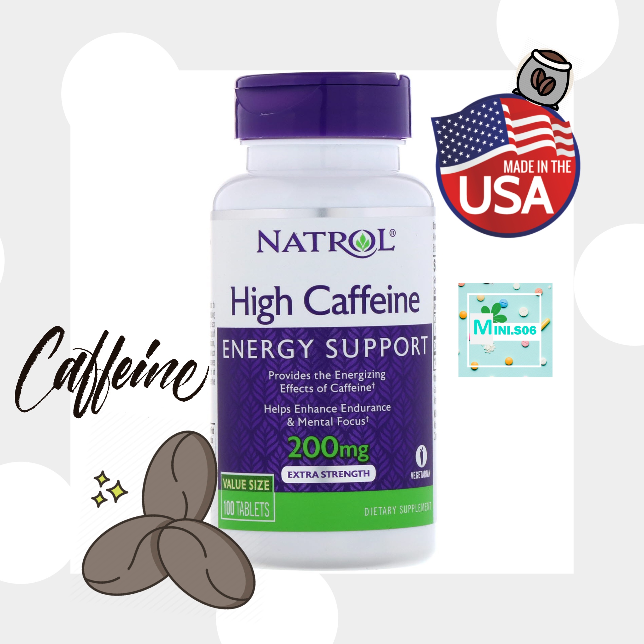 คาเฟอีน + แคลเซียม - Natrol, High Caffeine (200 mg) x 100 เม็ด