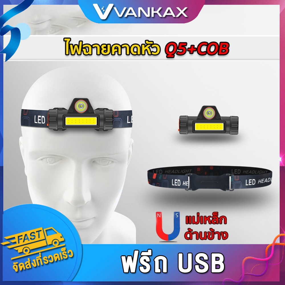 VANKAX ไฟฉายคาดหัว Q5-COB 1500LM มีแม่เหล็กด้านข้าง No.TD101 USB Rechargeable Mini Headlight ไฟคาดหัว