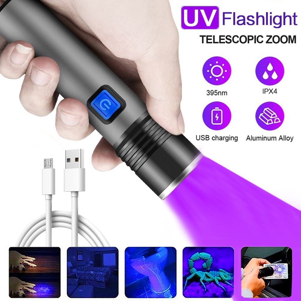 Có thể sạc qua USB Đèn pin uv cho tiền Đèn pin tia cực tím ánh sáng đèn pin thu phóng được đèn pin mini 395nm Ánh Sáng Đen UV đèn pin cho chống hàng giả nước tiểu thú cưng bệnh nấm ngoài da