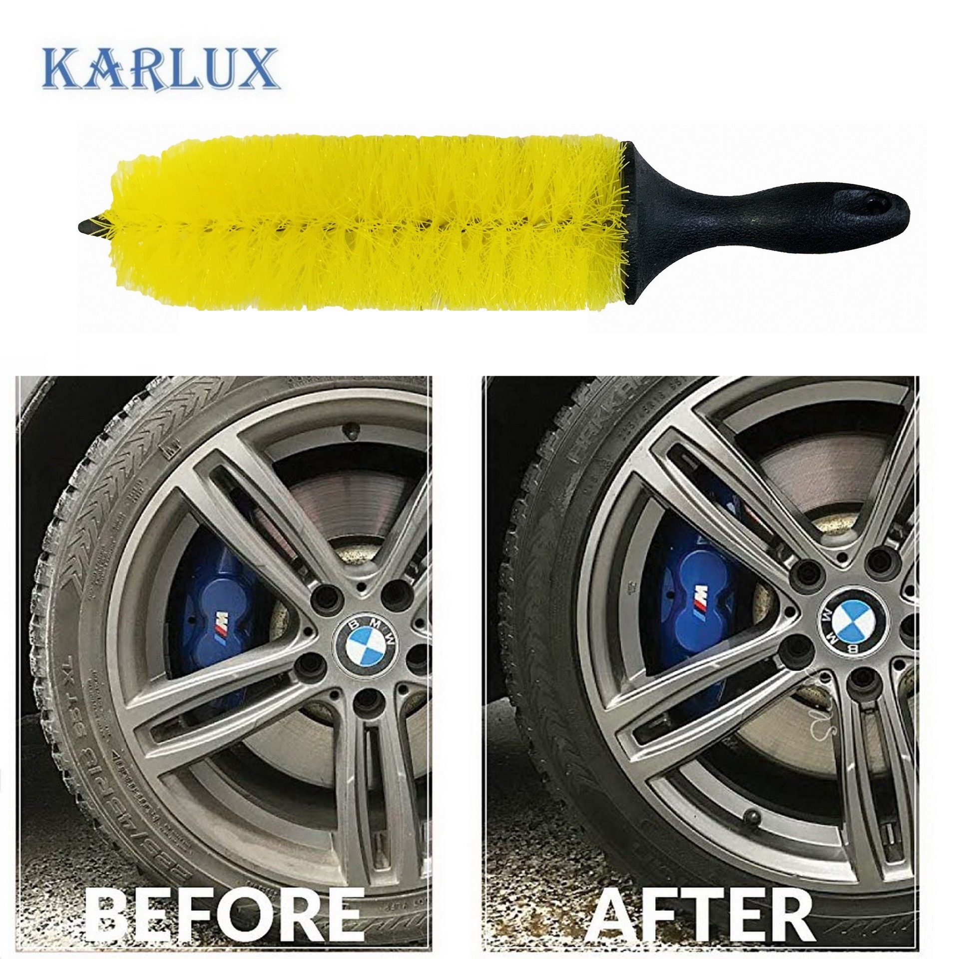 Karlux  แปรงล้อรถ กว้าง9.5cm x ยาว37cm ขนสีเหลือง ใช้อเนกประสงค์สำหรับยาง, ซี่ล้อรถ, รถจักรยานยนต์, เครื่องยนต์, ท่อไอเสีย
