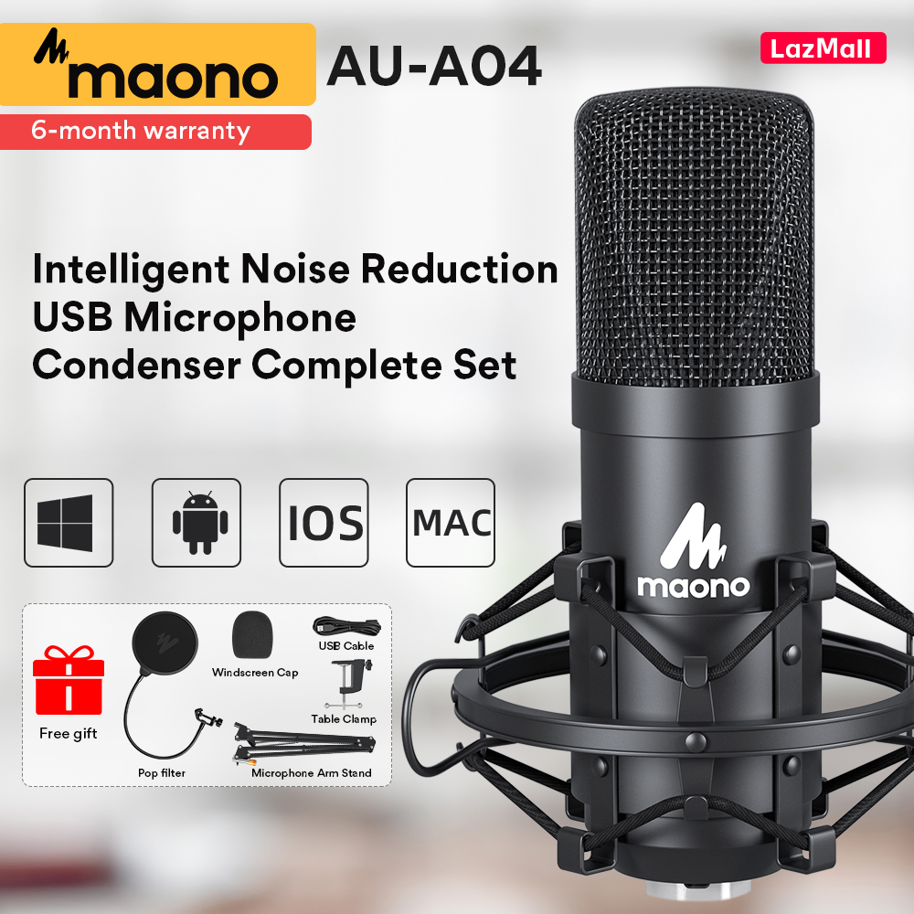 Maono-AU-A04 ไมโครโฟน Condenser Microphone ไมค์อัดเสียง ไมค์โครโฟน พร้อม ขาตั้งไมค์โครโฟน และอุปกรณ์เสริม USB ไมโครโฟนชุด 192 กิโลเฮิร์ตซ์/24bit มืออาชีพพอดคาสต์คอนเดนเซอร์ไมค์สำหรับพีซี YouTube สตูดิโอบันทึก mikrofon