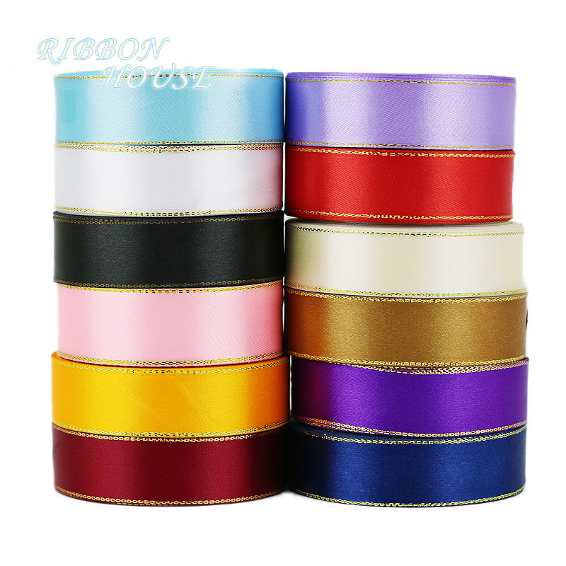 (25 yardsroll) 25mm satin ribbon white gold edge wholesale high quality ...