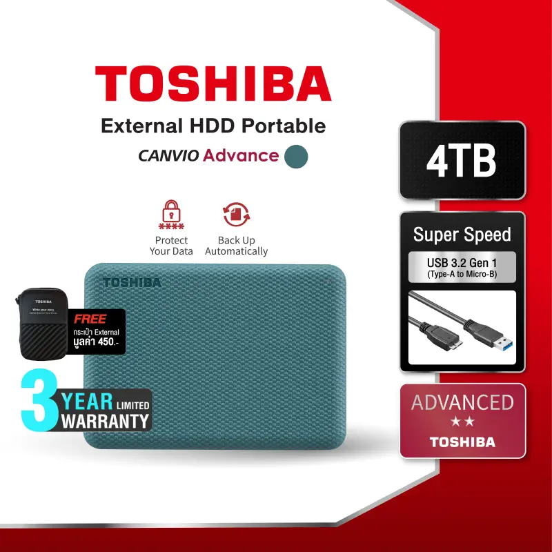ภาพสินค้าToshiba External HDD (4TB) USB 3.2 Speed, รุ่น (Canvio Advance V10) Sec Auto-backup 2.5" สีเขียว ฮาร์ดดิสพกพา Portable Hard drive ฟรี  กระเป๋ากันกระแทก (TSB-HDTCA40AG3CA) จากร้าน Toshiba Storage บน Lazada ภาพที่ 1