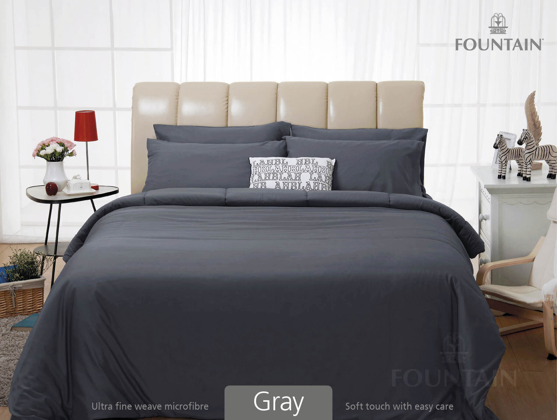 FOUNTAIN ผ้านวม + ชุดผ้าปู ผ้าปู ที่นอน แท้ 100% FTC สีพื้น เขียว Green Gray เทา ขนาด 3.5 5 6ฟุต ชุดเครื่องนอน ผ้านวม ผ้าปูที่นอน wonderful bedding  สี → Grayขนาดสินค้า 6 ฟุต