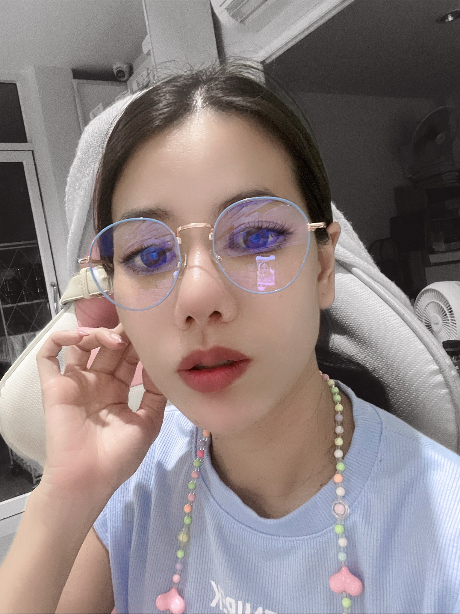 แว่นทรงหยดน้ำ กรอบสีฟ้า Blue filter แว่นกรองแสงแว่นสายตาสั้น แว่นสายตา