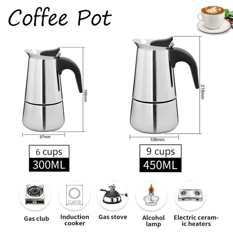 มอคค่าพอท รุ่นสแตนเลส กาต้มกาแฟรุ่นสแตนเลส Moka Pot กาต้มกาแฟสดแบบพกพา หม้อต้มกาแฟแบบแรงดัน เครื่องชงกาแฟ เครื่องทำกาแฟสด เอสเปรสโซ่ ขนาด 6 ถ้วย 300 มล. 9 ถ้วย 450 มล. MOKA POT Bkkfashion