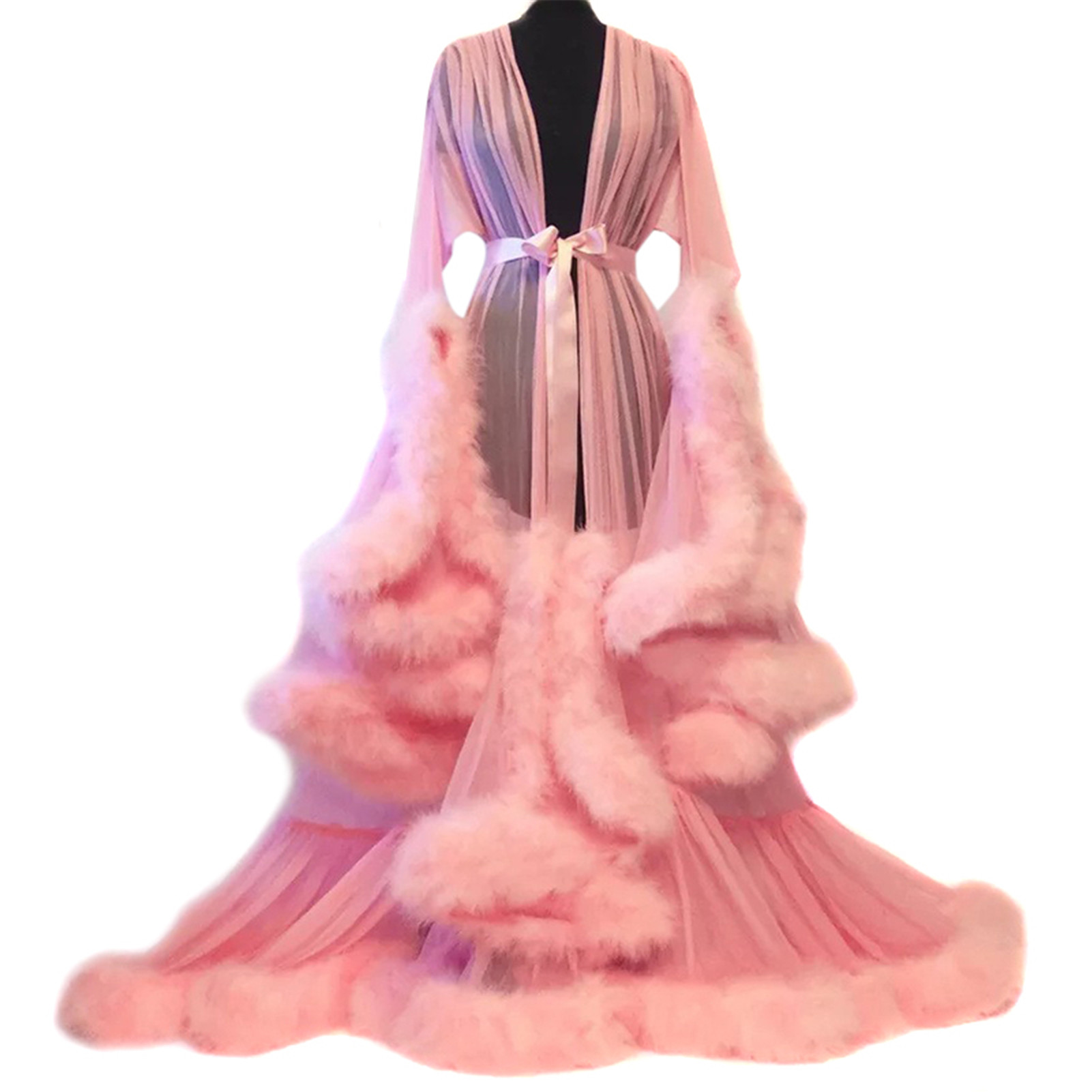 Old Hollywood Fuzzy Robe For Bed Time Flared Sleeve Tailing Dress