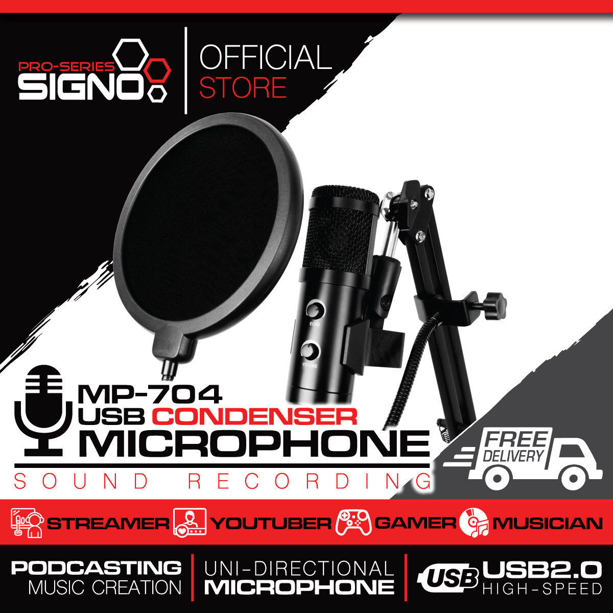 Signo USB Condenser Microphone Sound Recording รุ่น MP-704 (ไมค์โครโฟน)