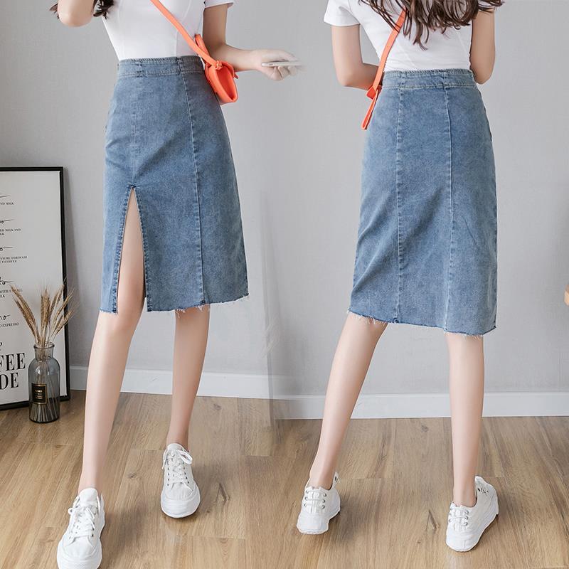 CLZQ PrettyAnnie Jeans Skirt Women A-line Split Skirt Fashion Slim Fit Denim Skirt For Women Light Blue Short Skirt