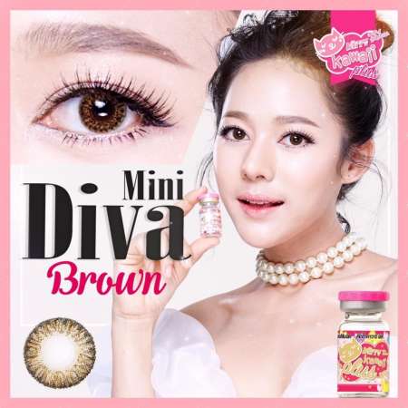 kitty kawaii lens คอนแทคเลนส์ บิ๊กอาย [ แบบแฟชั่น สายตาปกติ ] ลาย mini diva brown สีน้ำตาล  ( 1 คู่ ) พร้อมแถมตลับใส่เลนส์ beauty eyes