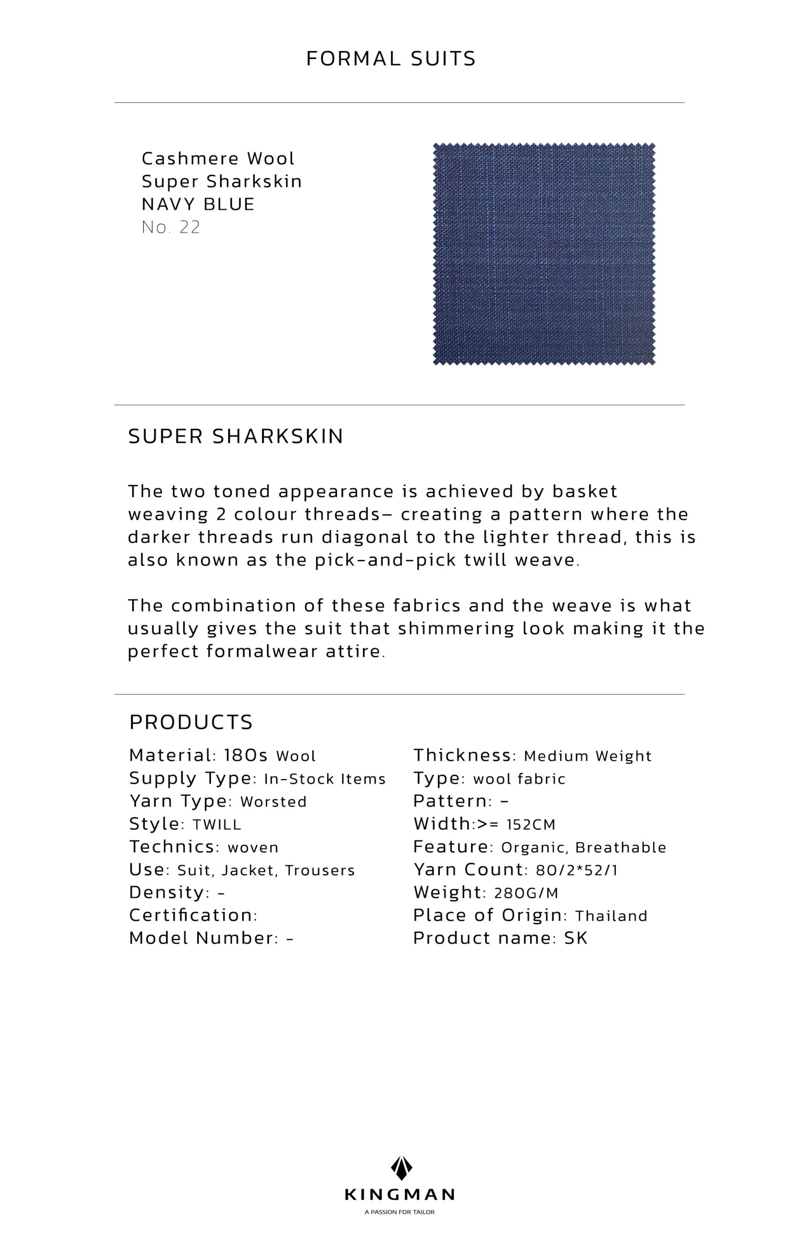 KINGMAN Cashmere Wool Fabric Super Sharkskin NAVY BLUE ผ้าตัดชุดสูท สีกรมน้ำเงิน กางเกง ผู้ชาย ผ้าตัดเสื้อ ยูนิฟอร์ม ผ้าวูล ผ้าคุณภาพดี กว้าง 60 นิ้ว ยาว 1 เมตร