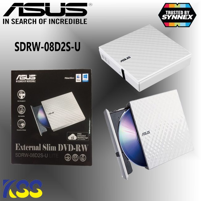 KSS DVD-RW EXT (เครื่องอ่าน-เขียนดีวีดีพกพา) ASUS 8X SDRW-08D2S SLIM (WHITE)