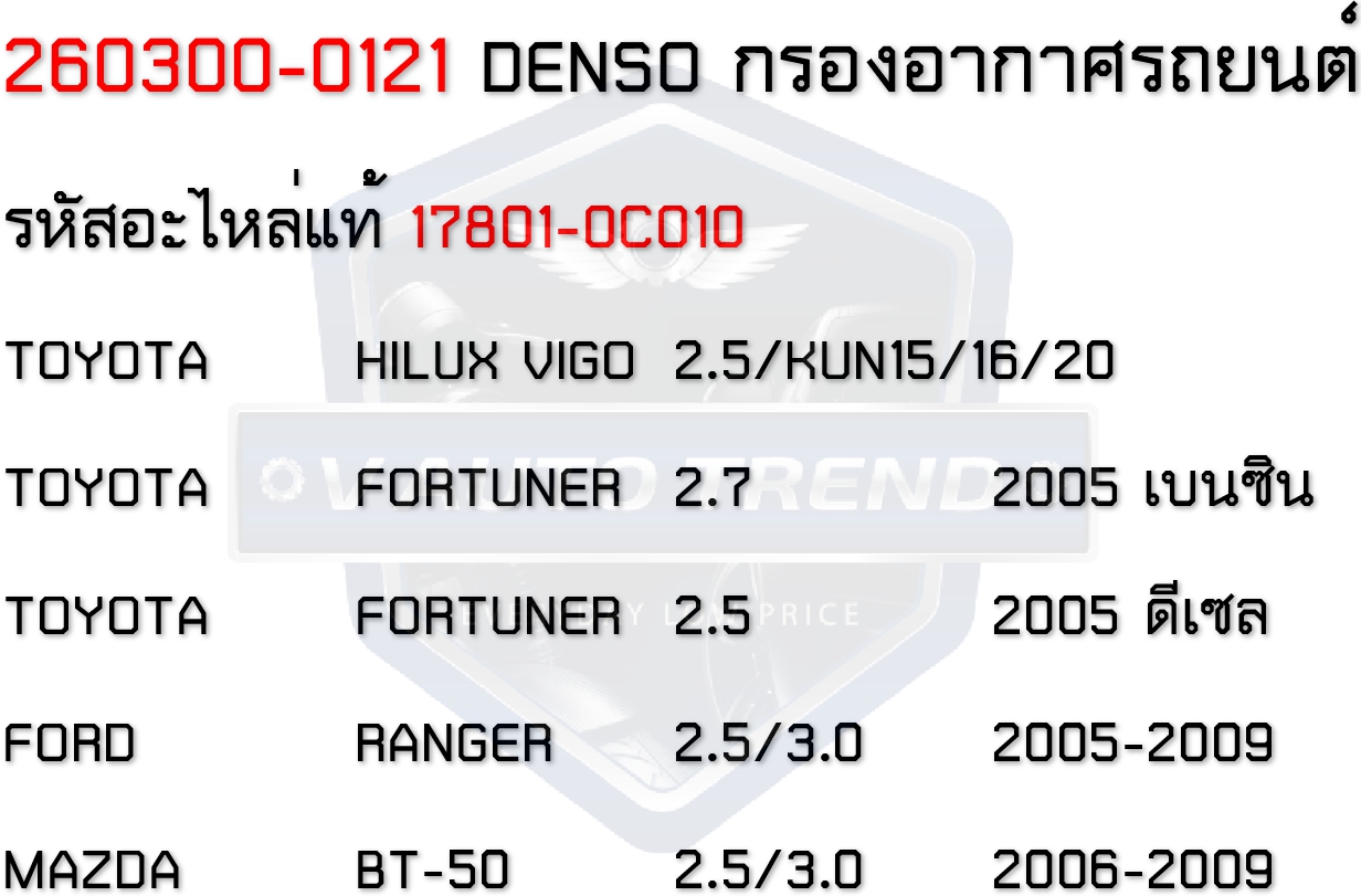 DENSO กรองอากาศ รหัสอะไหล่แท้ 17801-0C010 เบอร์ 260300-0121 TOYOTA ...
