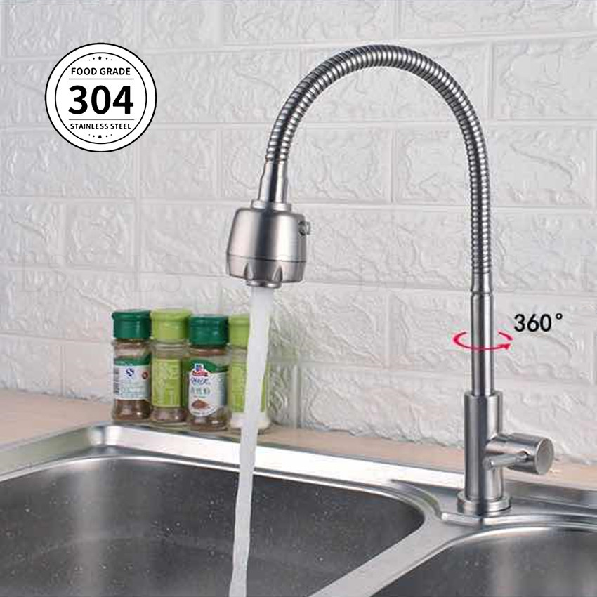 Lak Si  ก๊อกน้ำภาชนะเครื่องแป้งครีบก๊อกผสม Tap Kitchen Faucet SUS 304 Stainless Steel Water Tap Flexible Bathroom Sink Basin Faucet 360 Swivel Spout Single Lever Cold