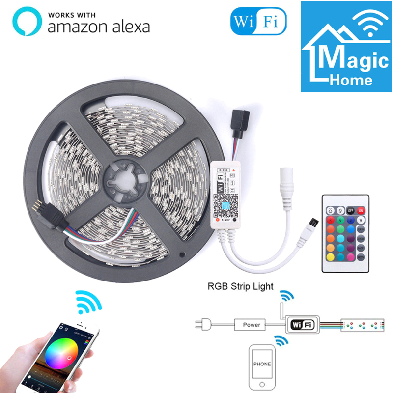 5M Smart Light Strips WIFI Control Color Changing LED 5050 RGB Compatible with Amazon Alexa Sync to Music for Rooms Party Bar Decoration Waterproof US Plug