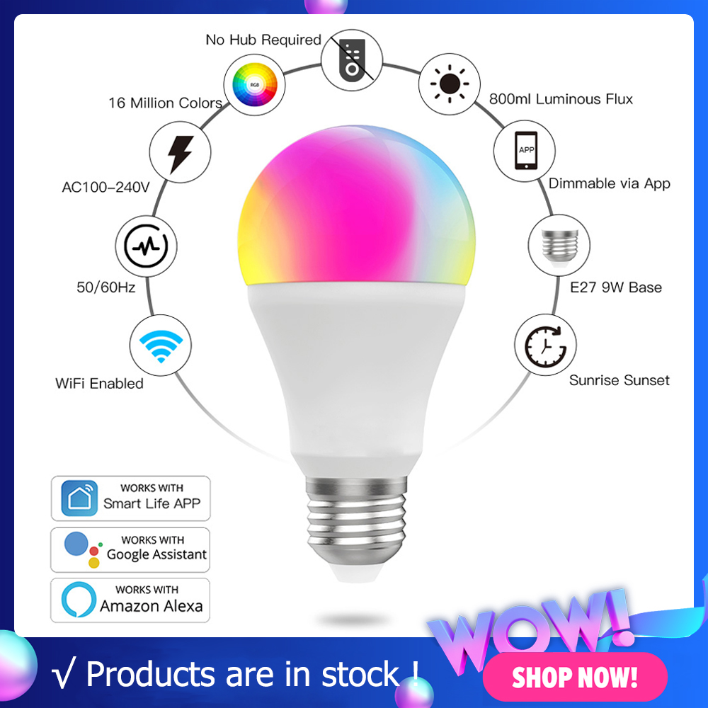 หลอดไฟ LED WiFi Smart LED Bulb Dimmable Lamp หลอดไฟอัจฉริยะ ปรับได้ 9W,RGB C+W ,Smart Life Tuya App Remote Control Work with Alexa Echo Google Home E27