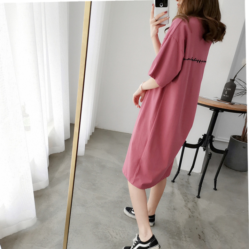 Mùa Hè Phiên Bản Hàn Quốc Dáng Suông Rộng Dáng Dài Ngắn Tay 100% Cô-tông Váy T-Shirt Nữ Big Size 200 Pound Một Màu Qua Đầu Gối Lười Đầm
