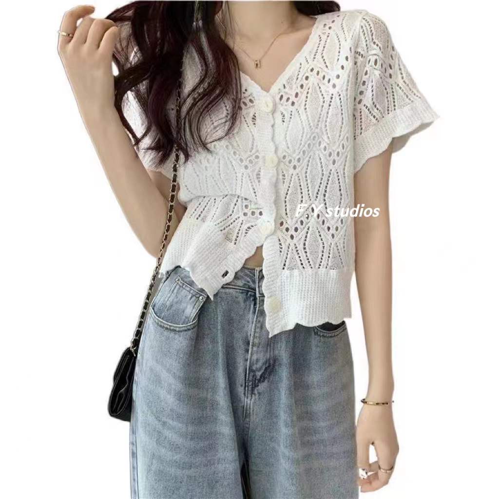 พร้อมส่ง️)เสื้อไหมพรม เสื้อลูกไม้แขนยาว กระดุมหน้า NO.