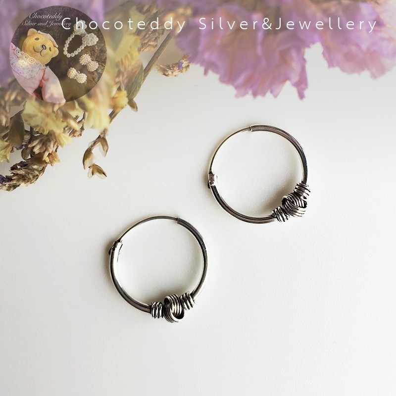 (S925) ต่างหูห่วง ต่างหูเงินแท้ ตุ้มหูห่วงเงินแท้ Sterling silver hoop earrings ห่วงตะกร้อรมดำติด-10