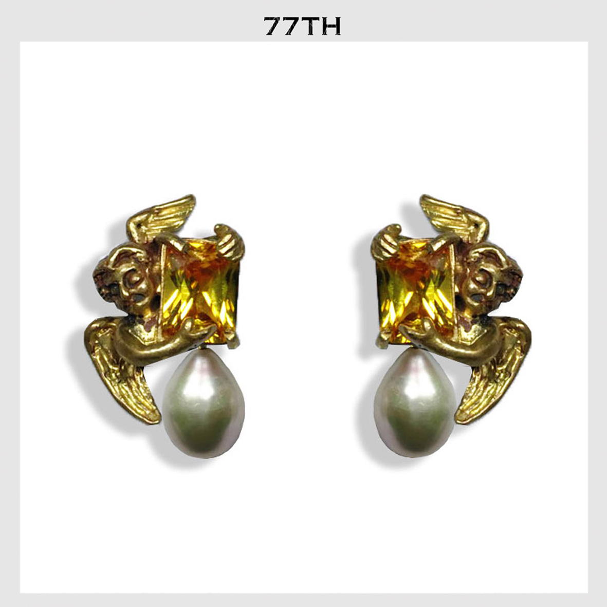 77TH-CUPID WITH YELLOW CRYSTALS EARRINGS ต่างหูรูปกามเทพประดับคริสตัลสีเหลืองและห้อยหยดน้ำไข่มุก