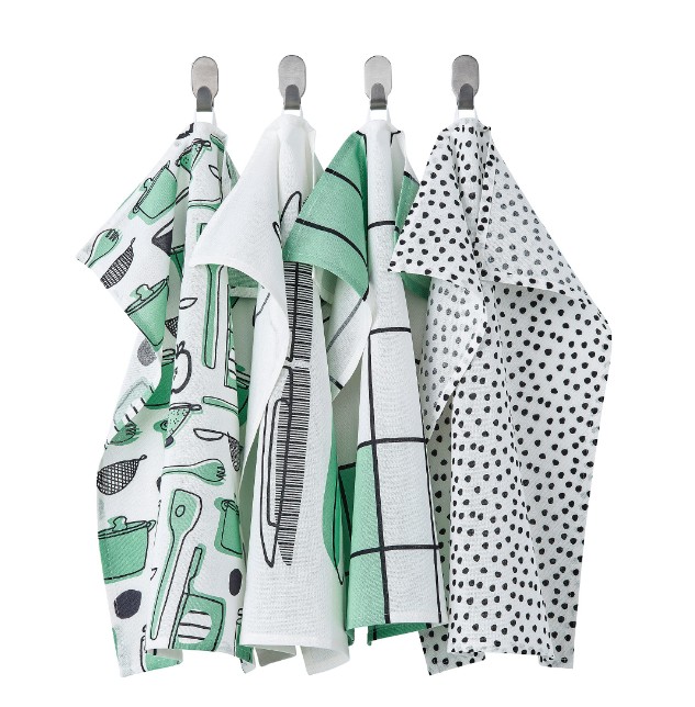 ผ้าเช็ดจาน IKEA RINNIG รินนิก สีขาวเขียว 1 ชุด ( มี 4 ผืน )