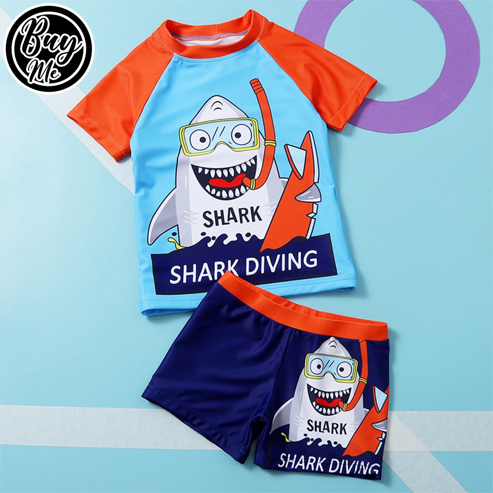 ⚡ส่งจากไทย⚡D165 ชุดว่ายน้ำเด็ก รุ่นแขนสั้น ลายฉลามดำน้ำScuba Shark เซต2ชิ้น เสื้อ-กางเกง Kid swimming suit ชุดว่ายน้ำเด็