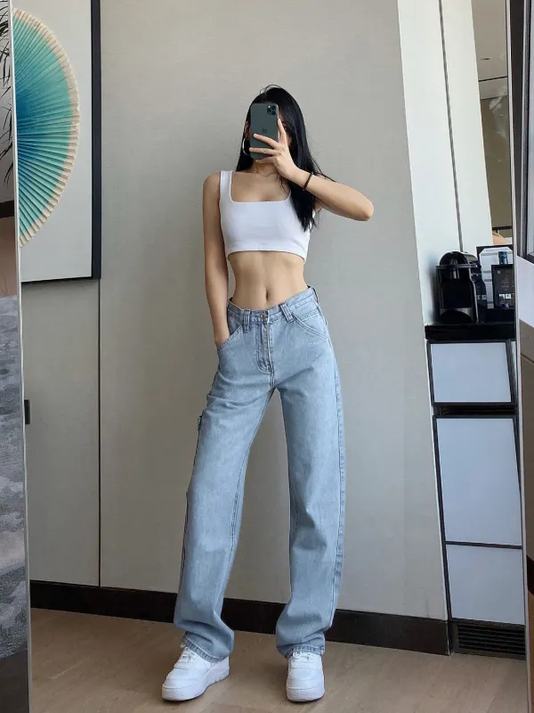 ภาพสินค้าGirls jeanswaist jeans female straight old pants 2021 new Hong Kong taste ตาข่ายสีแดงกางเกงยีนส์เอวสูงหญิงกางเกงเก่าตรง ใหม่ฮ่องกงรสชาติผ้าม่านกว้างกางเกงขา จากร้าน wardrobe บน Lazada ภาพที่ 3