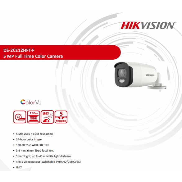 Hikvision COLORVU 5MP รุ่น DS-2CE12HFT-F 3.6(8)DVR รุ่น iDS-7208HUHI ...