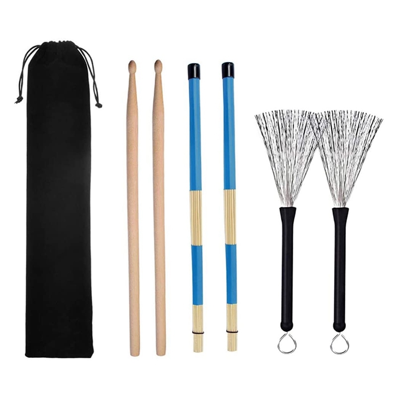Drum Sticks Drum Wire Brushes Set with Storage Bag for Jazz Acoustic Drum Accessories,Black and Blue and wood color